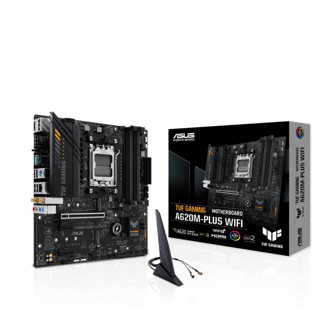 Дънна платка ASUS TUF GAMING A620M-PLUS WIFI, AM5, 4x DDR5, 2x M.2, 4x SATA 6Gb/s, Wi-Fi 6, Bluetooth v5.3, HDMI, DP, mATX