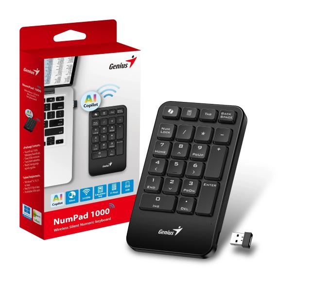 Genius цифрова клавиатура кийпад Keypad Wireless NumPad 1000 - AI, 2.4G, Black