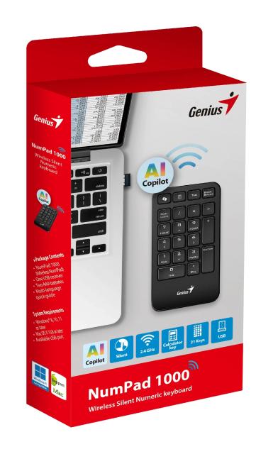 Genius цифрова клавиатура кийпад Keypad Wireless NumPad 1000 - AI, 2.4G, Black