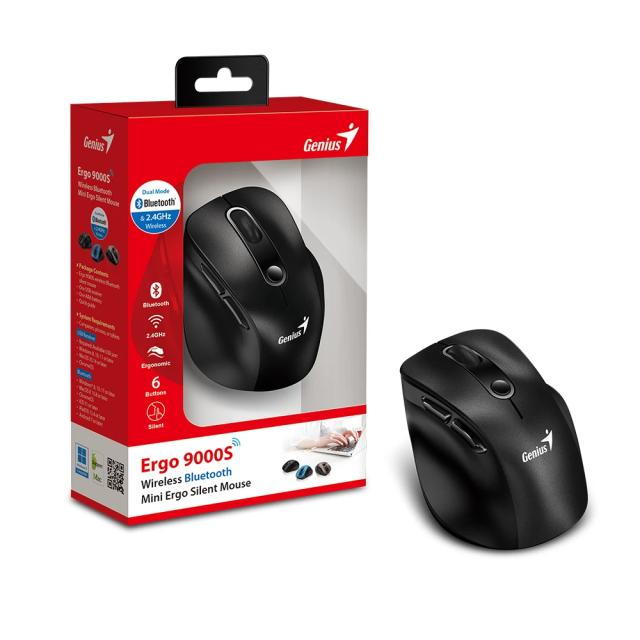 Genius Ergo 9000S Silent Mouse, Wireless/Bluetooth, Оптичена, 800-2400dpi, Black