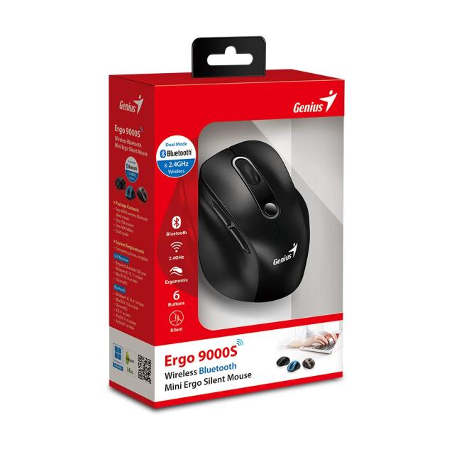Genius Ergo 9000S Silent Mouse, Wireless/Bluetooth, Оптичена, 800-2400dpi, Black