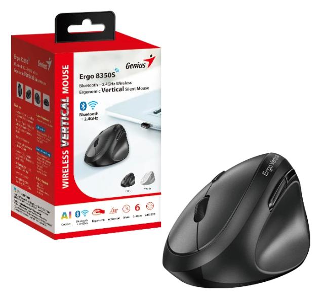 Genius Vertical Ergo 8350S Silent Mouse, Wireless/Bluetooth, Оптичена, 2400dpi, Dark Grey