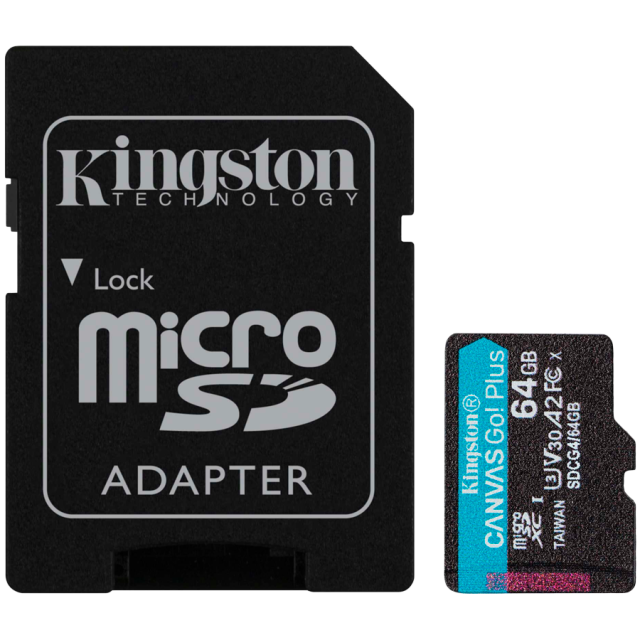 Карта памет Kingston Canvas Go Plus Gen4, 64GB microSDXC, Class 10, UHS-I, U3, V30, A2 Card + Adapter