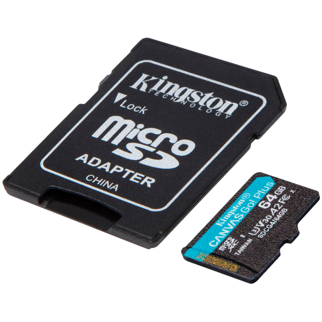 Карта памет Kingston Canvas Go Plus Gen4, 64GB microSDXC, Class 10, UHS-I, U3, V30, A2 Card + Adapter