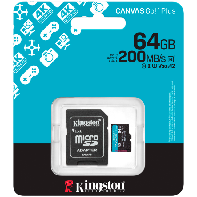 Карта памет Kingston Canvas Go Plus Gen4, 64GB microSDXC, Class 10, UHS-I, U3, V30, A2 Card + Adapter