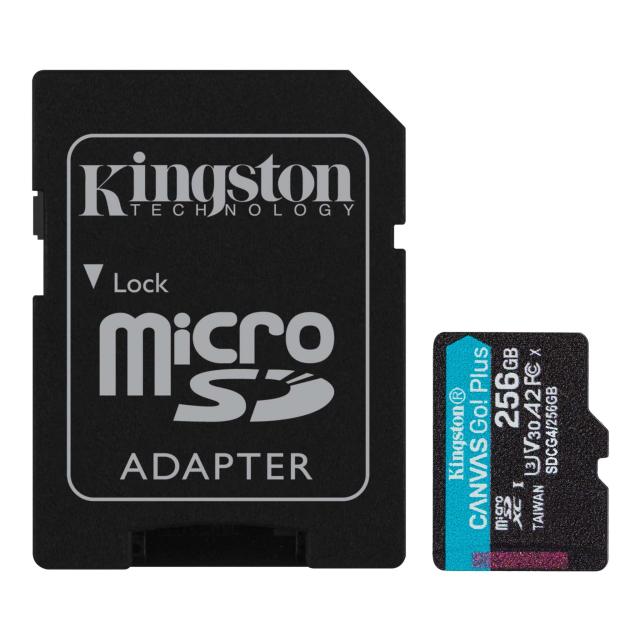 Карта памет Kingston Canvas Go Plus Gen4, 256GB microSDXC, Class 10, UHS-I, U3, V30, A2 Card + Adapter