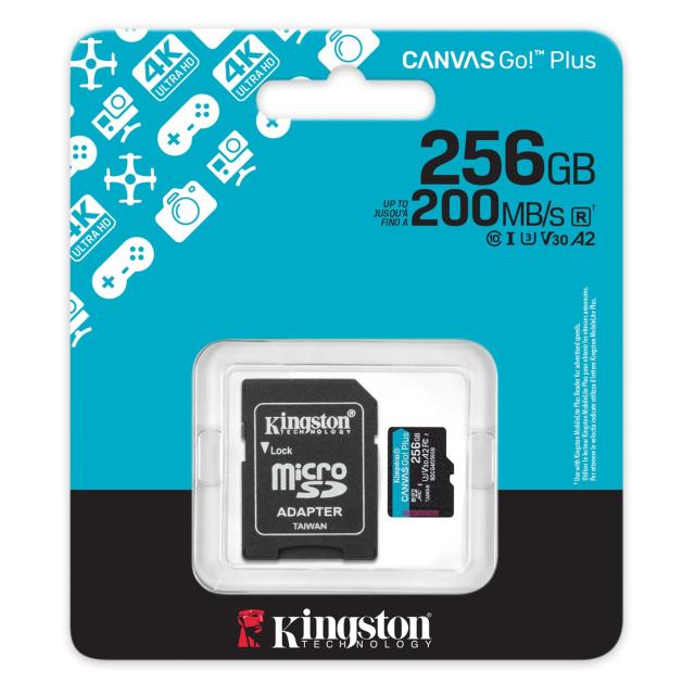 Карта памет Kingston Canvas Go Plus Gen4, 256GB microSDXC, Class 10, UHS-I, U3, V30, A2 Card + Adapter