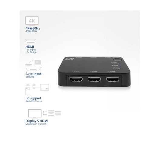 Превключвател EWENT ACT SPLIT AC7841, 5/1, 3D, 4K@60Hz, Черен