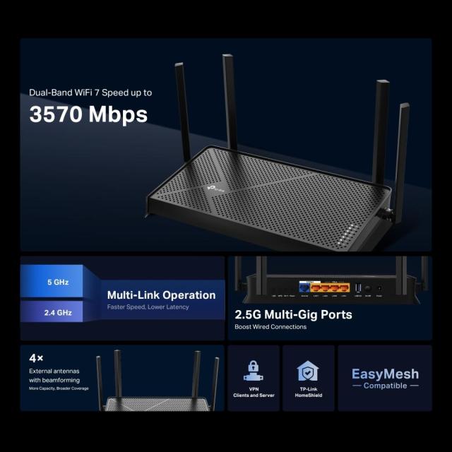 Рутер TP-Link Archer BE230, Dual-Band Wi-Fi 7, 3600Mbps, 2.4GHz / 5GHz, LAN: 3x 10/100/1000Mbps, 1x 100/1000/2500Mbps, WAN: 1x 100/1000/2500Mbps, 1x USB 3.0