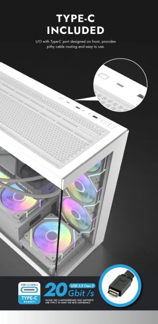 Кутия Darkflash DS900 White, Middle Tower, 1 x USB 3.1 Type-C, 1 x USB 3.0, 1 x USB 2.0, 1 x HD Audio, Mini-ITX / mATX / ATX