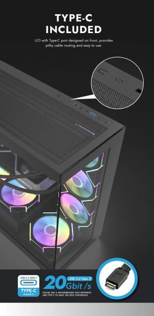 Кутия Darkflash DS900 Black, Middle Tower, 1 x USB 3.1 Type-C, 1 x USB 3.0, 1 x USB 2.0, 1 x HD Audio, Mini-ITX / mATX / ATX