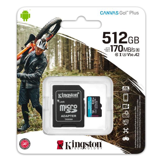 Карта памет Kingston Canvas Go Plus Gen4, 512GB microSDXC, Class 10, UHS-I, U3, V30, A2 Card + Adapter