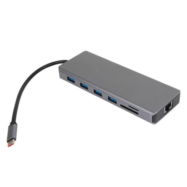 Мултипортов адаптер VCom CU4706 13-in-1 -  HDMI x 2, DP, USB3.0 x 3, USB-C, USB2.0, RJ45, SD/TF, PD100W, Audio, L-Shape USB-C