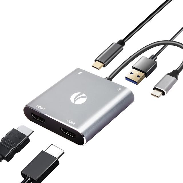 Мултипортов адаптер VCom CU450S 4-in-1 - HDMI x 2, USB2.0, USB-C PD3.0 100W, MST