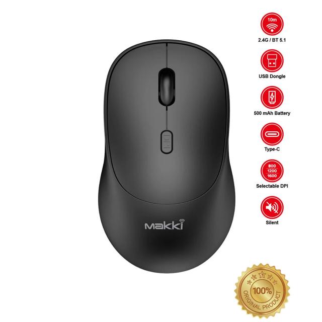 Мишка MAKKI MSX-2401 Silent, оптична 1600dpi, Wireless/Bluetooth, USB Type-C, черна