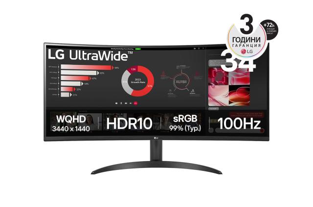 Монитор LG 34WR50QK-B, 34" (86.36cm) WQHD VA Curved 1800R, 100Hz, 5ms, 3000:1, HDR10, 300cd/m2, HDMI, DP