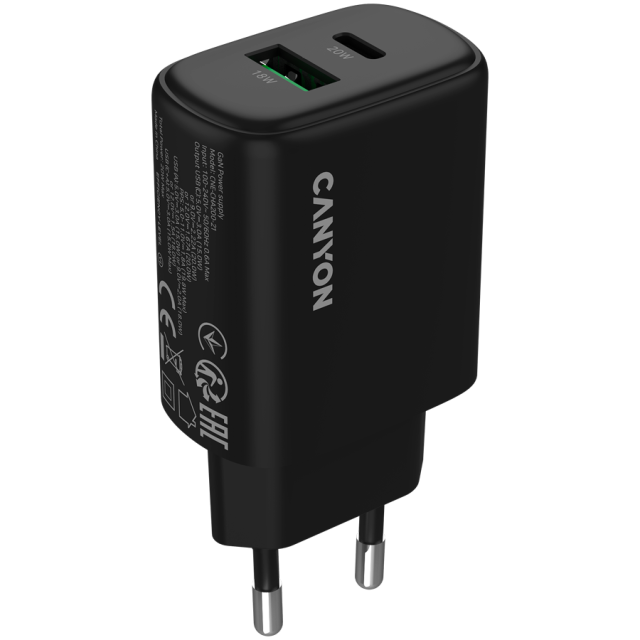 Зарядно CANYON charger OnCharge 200, 1x USB Type-C, 1x Type-A, 20W, Black