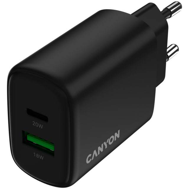 Зарядно CANYON charger OnCharge 200, 1x USB Type-C, 1x Type-A, 20W, Black