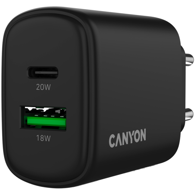Зарядно CANYON charger OnCharge 200, 1x USB Type-C, 1x Type-A, 20W, Black
