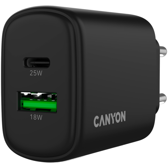 Зарядно CANYON charger OnCharge 250, 1x USB Type-C, 1x Type-A, 25W, Black