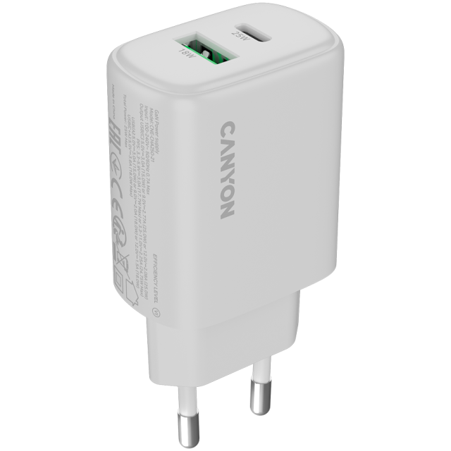 Зарядно CANYON charger OnCharge 250, 1x USB Type-C, 1x Type-A, 25W, White