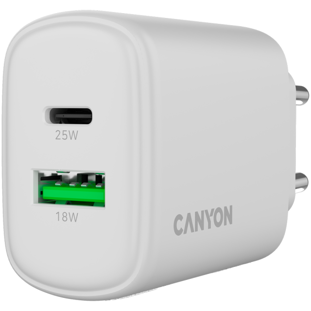 Зарядно CANYON charger OnCharge 250, 1x USB Type-C, 1x Type-A, 25W, White
