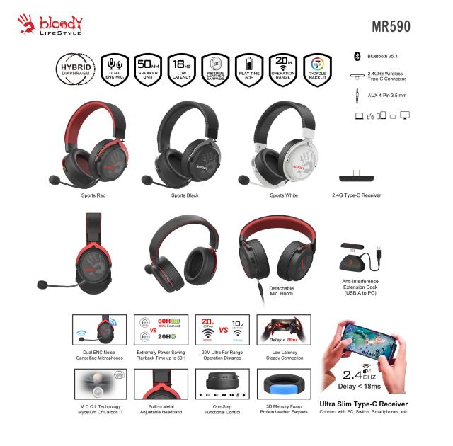 Слушалки А4tech Bloody МR-590, микрофон, Bluetooth/Wireless/1 x 3.5 мм жак, BLACK