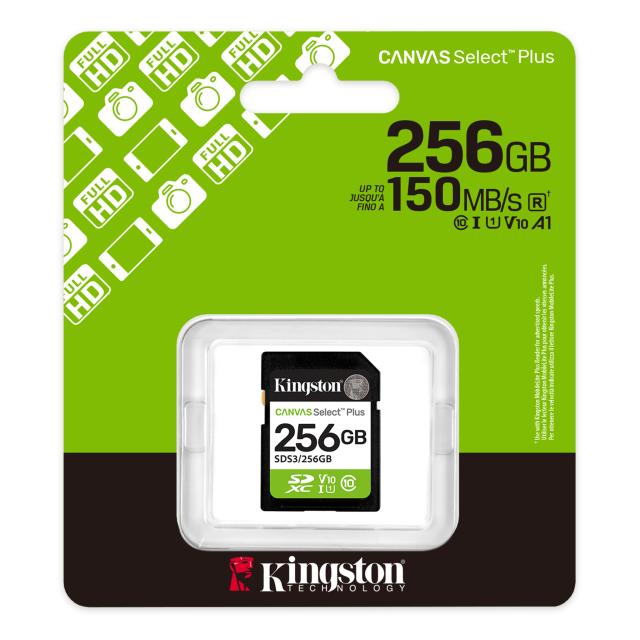 Карта памет Kingston 256GB SDS3 Canvas Select Plus, 150MB/s read, UHS-I speed class, U1, V10