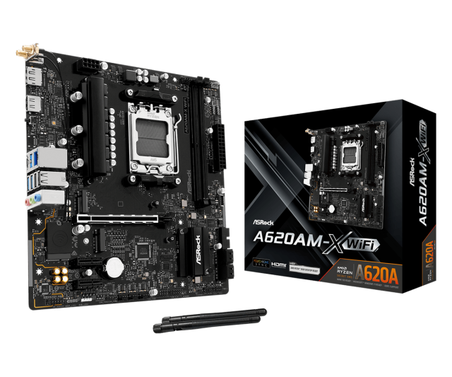 Дънна платка ASRock 620AM-X WIFI, A620A, AM5, 2x DDR5, 4x SATA 6Gb/s, 2x M.2 slots, HDMI, DP, Micro ATX