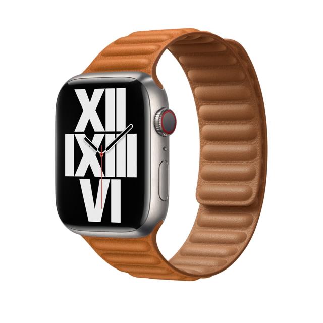 Каишка за часовник Apple Watch 45mm Golden Brown Leather Link - M/L