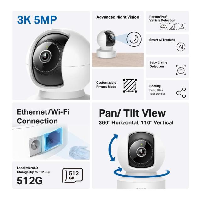 Домашна охранителна TP-Link Tapo C232, 3K 5Mp  с AI, Pan/Tilt, LAN, WiFi, SDmicro, нощно виждане