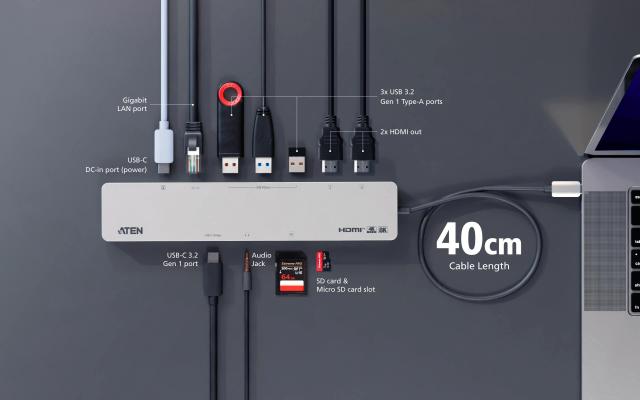 Мултипортов адаптер, ATEN 11-in-1, USB-C Multiport Dock + Power Pass-Through, 2 x HDMI, LAN,3.5mm, USB-C, SD Card , microSD, 3 x USB 3.2
