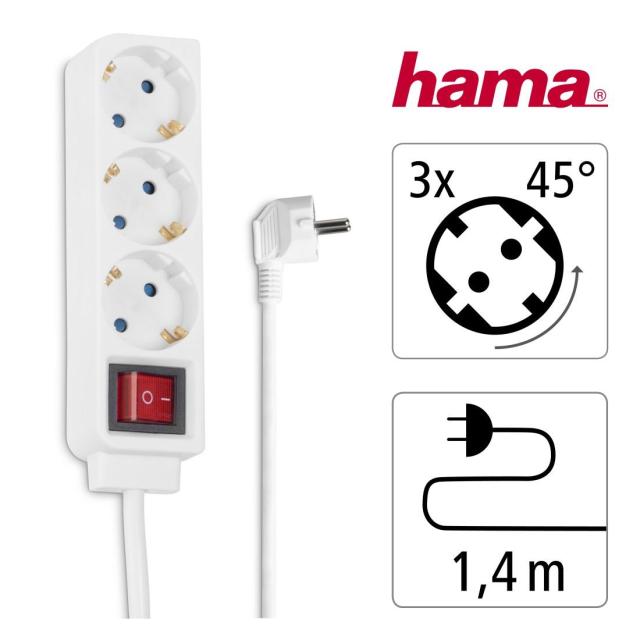 HAMA Разклонител 3 гнезда, 1.4м, бял с бутон за вкл/изкл.