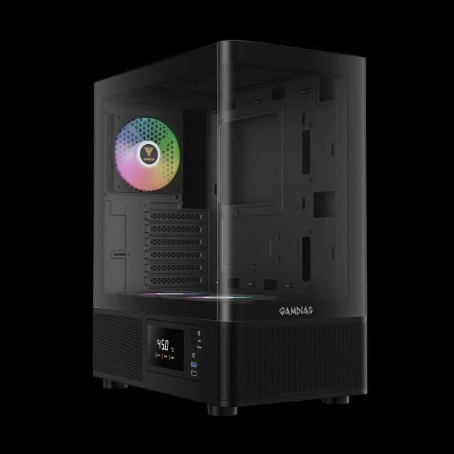 Кутия Gamdias ATLAS E2 BK, Digital Display, Curved Glass, Middle Tower, 1 x USB 3.0, 1 x USB 2.0, 1 x HD Audio, RGB button, ATX, mATX, Mini-ITX