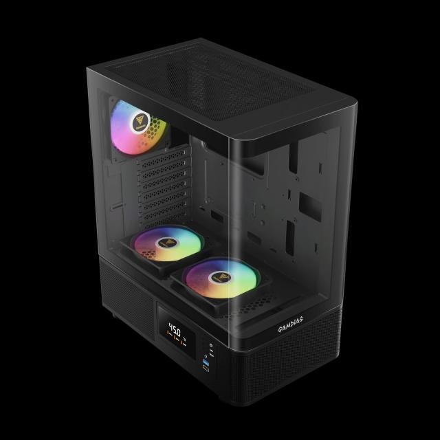 Кутия Gamdias ATLAS E2 BK, Digital Display, Curved Glass, Middle Tower, 1 x USB 3.0, 1 x USB 2.0, 1 x HD Audio, RGB button, ATX, mATX, Mini-ITX