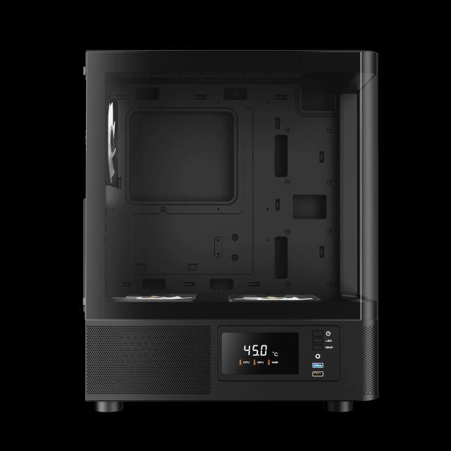Кутия Gamdias ATLAS E2 BK, Digital Display, Curved Glass, Middle Tower, 1 x USB 3.0, 1 x USB 2.0, 1 x HD Audio, RGB button, ATX, mATX, Mini-ITX