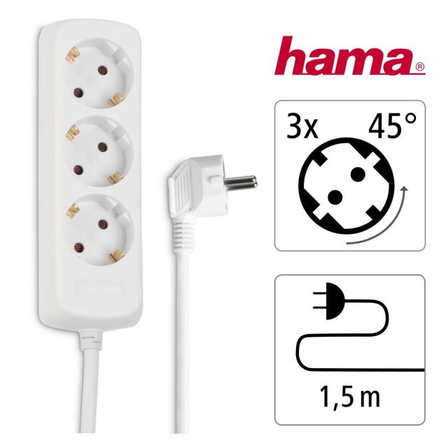 Разклонител HAMA  3 гнезда, 1.4m. бял