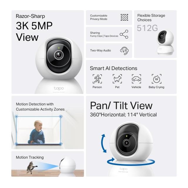 IP камера TP-Link Tapo C230, H.264, 3K 5MP (2880×1620 px), IR осветленост (до 12m), куполна Pan/Tilt камери, Wi-Fi, аудио, Micro SD слот до 512 GB, AI проследяване