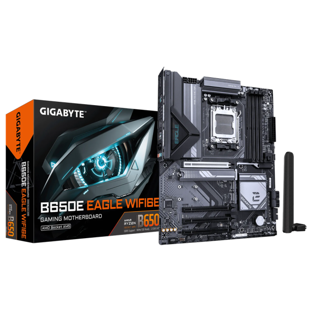 Дънна платка GIGABYTE B650E EAGLE WF6E, AM5, 4 x DDR5, 3 x M.2, 4 x SATA 6Gb/s, Wi-Fi 6E+BT, HDMI, DP, ATX 
