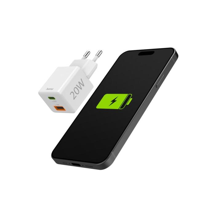 HAMA Бързо мини зарядно 1x USB-C, 1x USB-A, PD, 20 W, бяло
