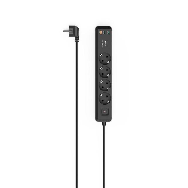 HAMA Разклонител 4-гнезда, USB-C/A 65 W, PD, ключ on/off, 1,4 м, черен/сив