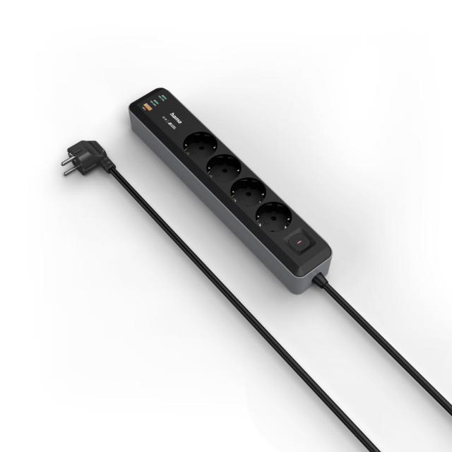 HAMA Разклонител 4-гнезда, USB-C/A 65 W, PD, ключ on/off, 1,4 м, черен/сив