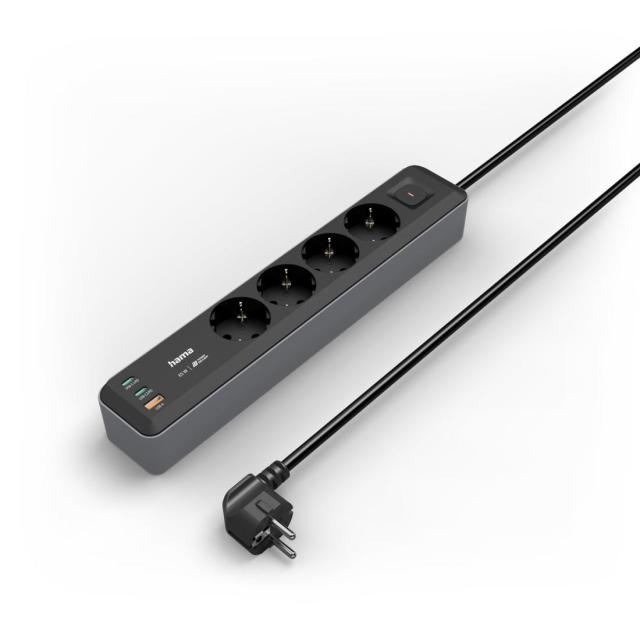 HAMA Разклонител 4-гнезда, USB-C/A 65 W, PD, ключ on/off, 1,4 м, черен/сив