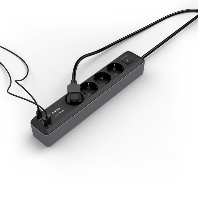 HAMA Разклонител 4-гнезда, USB-C/A 65 W, PD, ключ on/off, 1,4 м, черен/сив