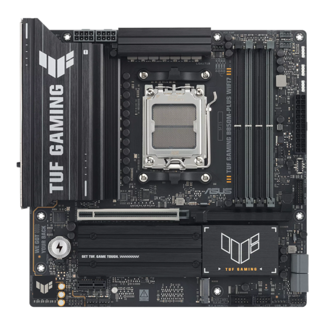 Дънна платка ASUS TUF GAMING B850M-PLUS WIFI7, AMD5, 4x DDR5, 3x M.2, 4x SATA 6Gb/s, Wi-Fi 7, Bluetooth v5.4, HDMI, DP, micro ATX