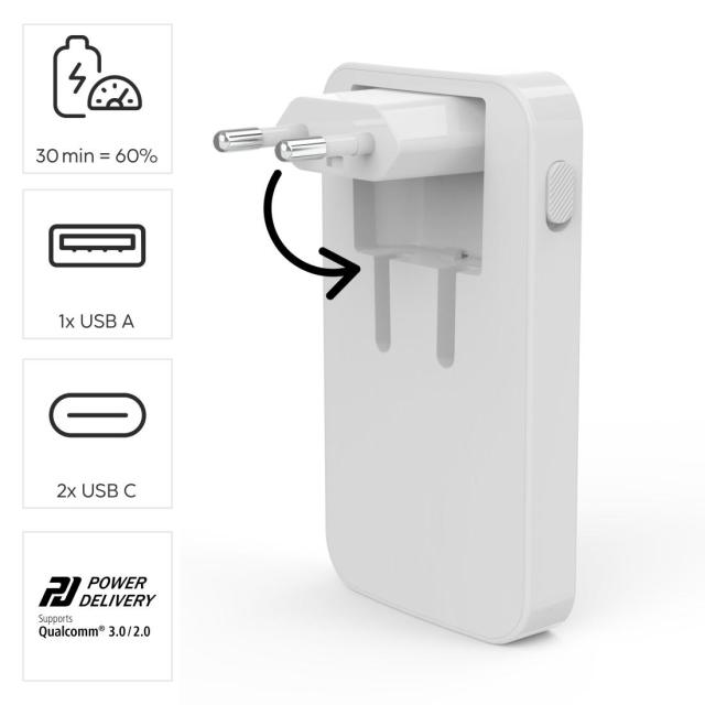 HAMA Бързо мини зарядно, 65W, 2x USB Type-C, 1x USB-A, PD