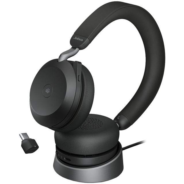 Слушалки Jabra Evolve2 75, Link380c MS Stereo Stand Black, АNC, Bluetooth, USB-C, стойка за зареждане, черни