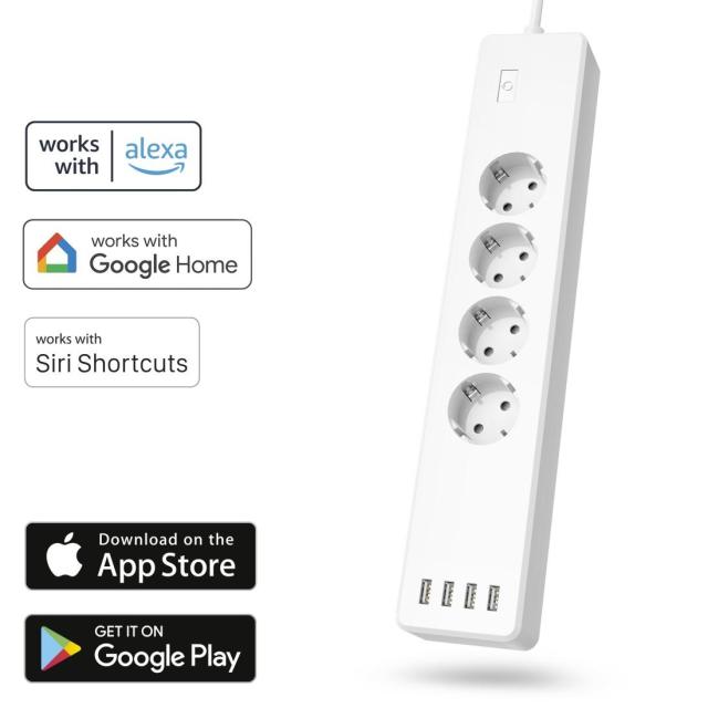 Смарт разклонител HAMA Wi-Fi  2.4Ghz, 4 гнезда, 4xUSB, 1.7 m, бял