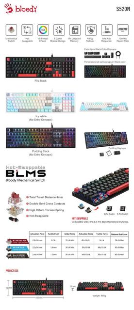 Геймърска механична клавиатура A4tech Bloody S520N Fire, Red Plus Switch, Black, USB