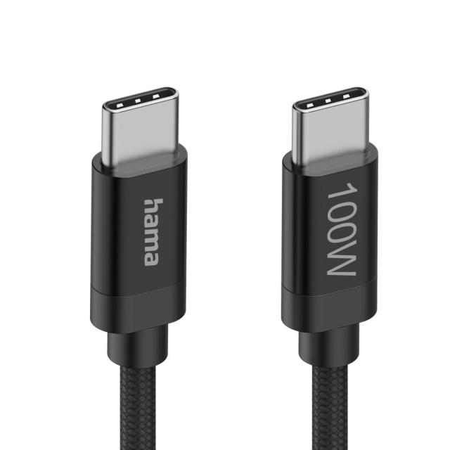 Кабел Hama за зареждане, "Fabric", USB Type-C към USB Type-C, 100 W, 1.5 m, Nylon, black